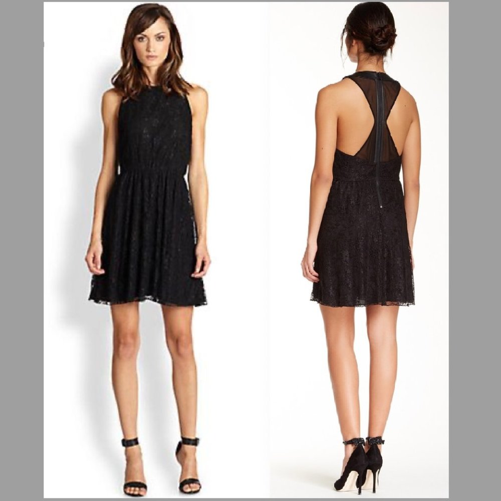 NWT alice + olivia Leather-Trim Lace Racerback Dress (Black / Size XS)
